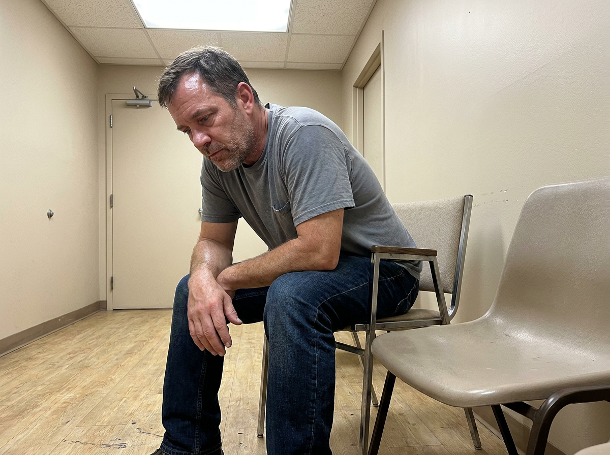 Man with lower back pain sitting hunched on a waiting room chair before a chiropractic evaluation in Clermont FL