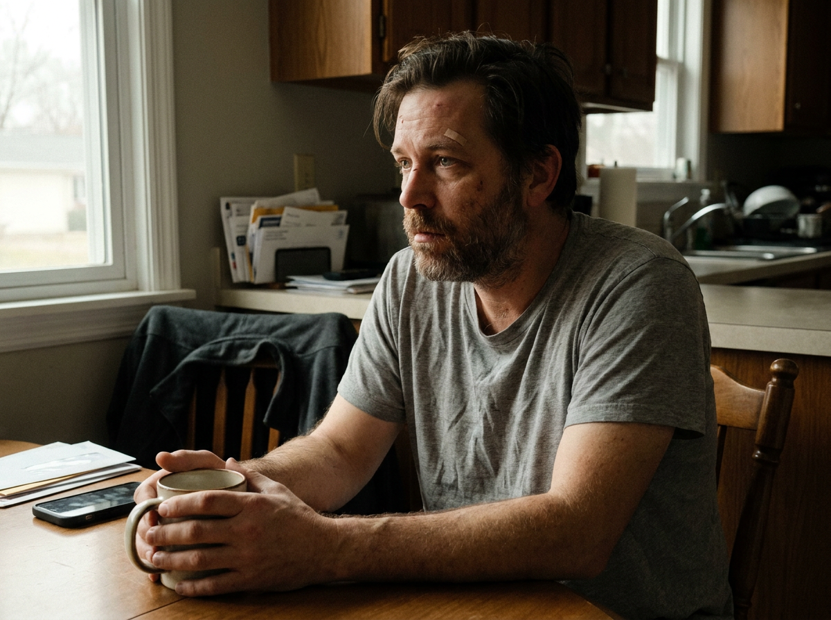 Man sitting at kitchen table holding coffee mug the morning after a car accident, looking tired and distant