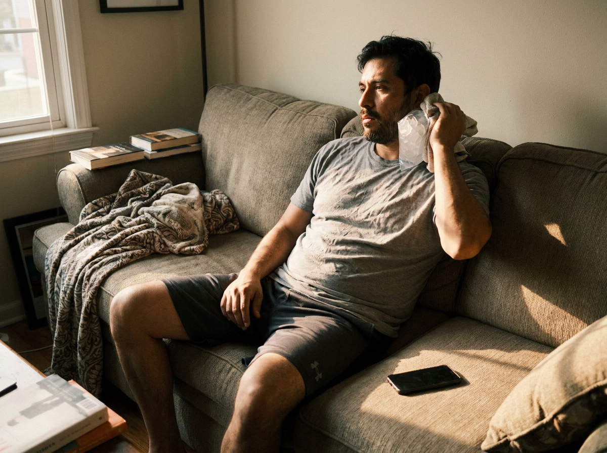 Man icing his neck at home after a car accident, showing delayed whiplash pain setting in hours later