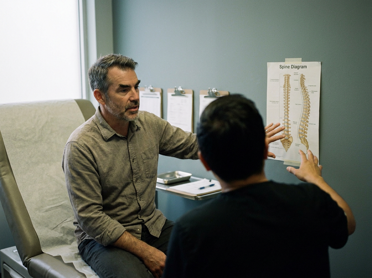 Patient and chiropractor discussing spinal anatomy diagram during a chiropractic consultation in a plain exam room