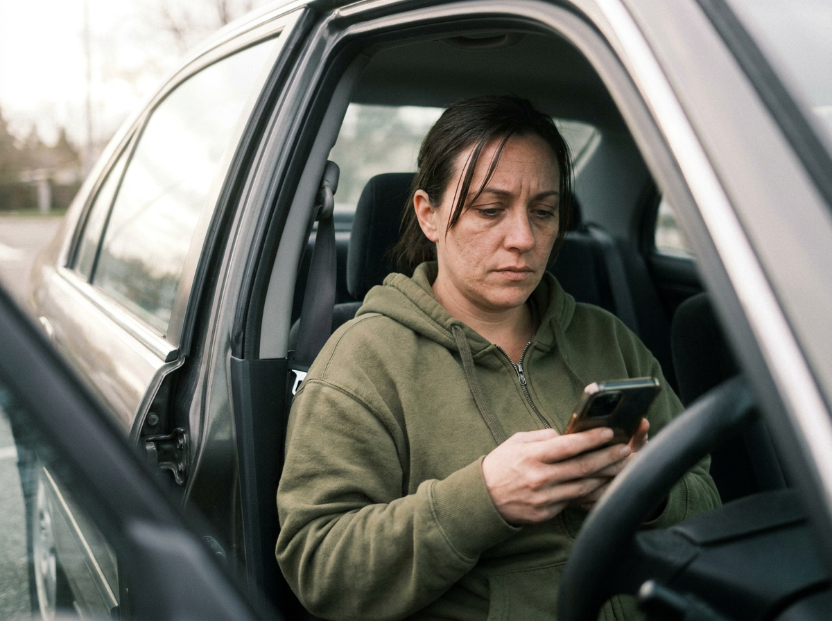Woman sitting in a parked car looking at her phone with a concerned expression after an accident