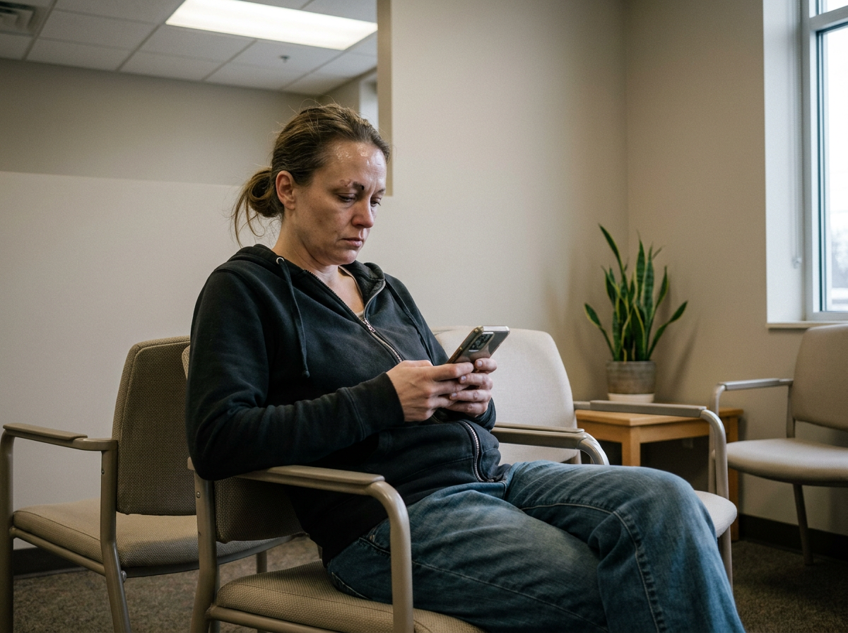 Woman in her early 40s sitting in a chiropractic waiting room, scrolling her phone under flat fluorescent light