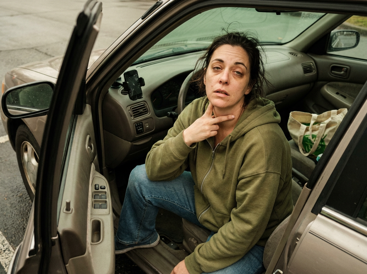 Woman sitting in an open car door pressing her hand to her neck, looking tired and uncertain after an accident