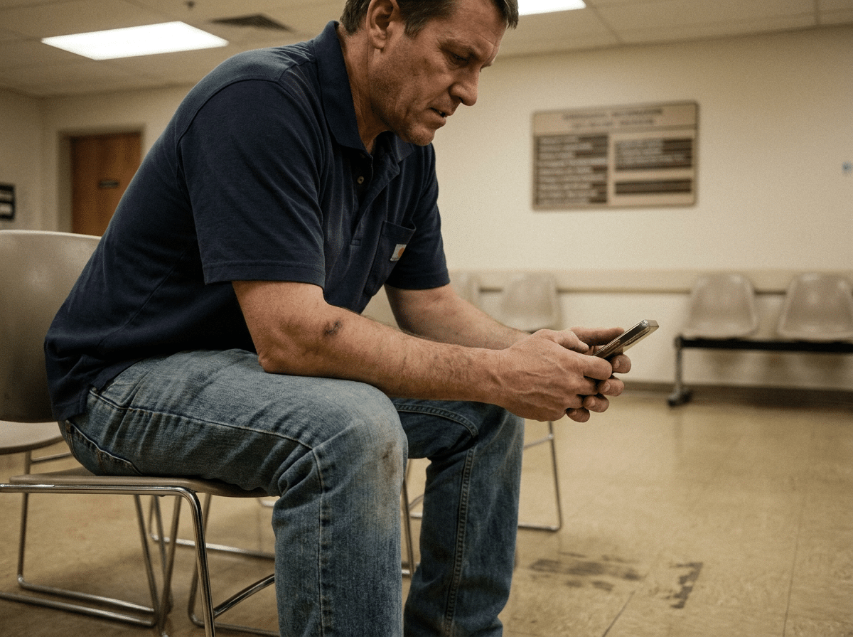 Man sitting in chiropractic waiting room after car accident, holding phone, looking tired — walk-in same-day care Clermont FL