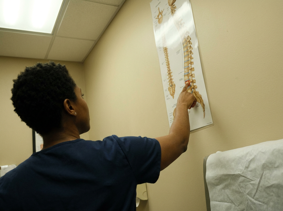 Chiropractor explaining spinal joint mechanics to a patient using an anatomical spine diagram during a consultation