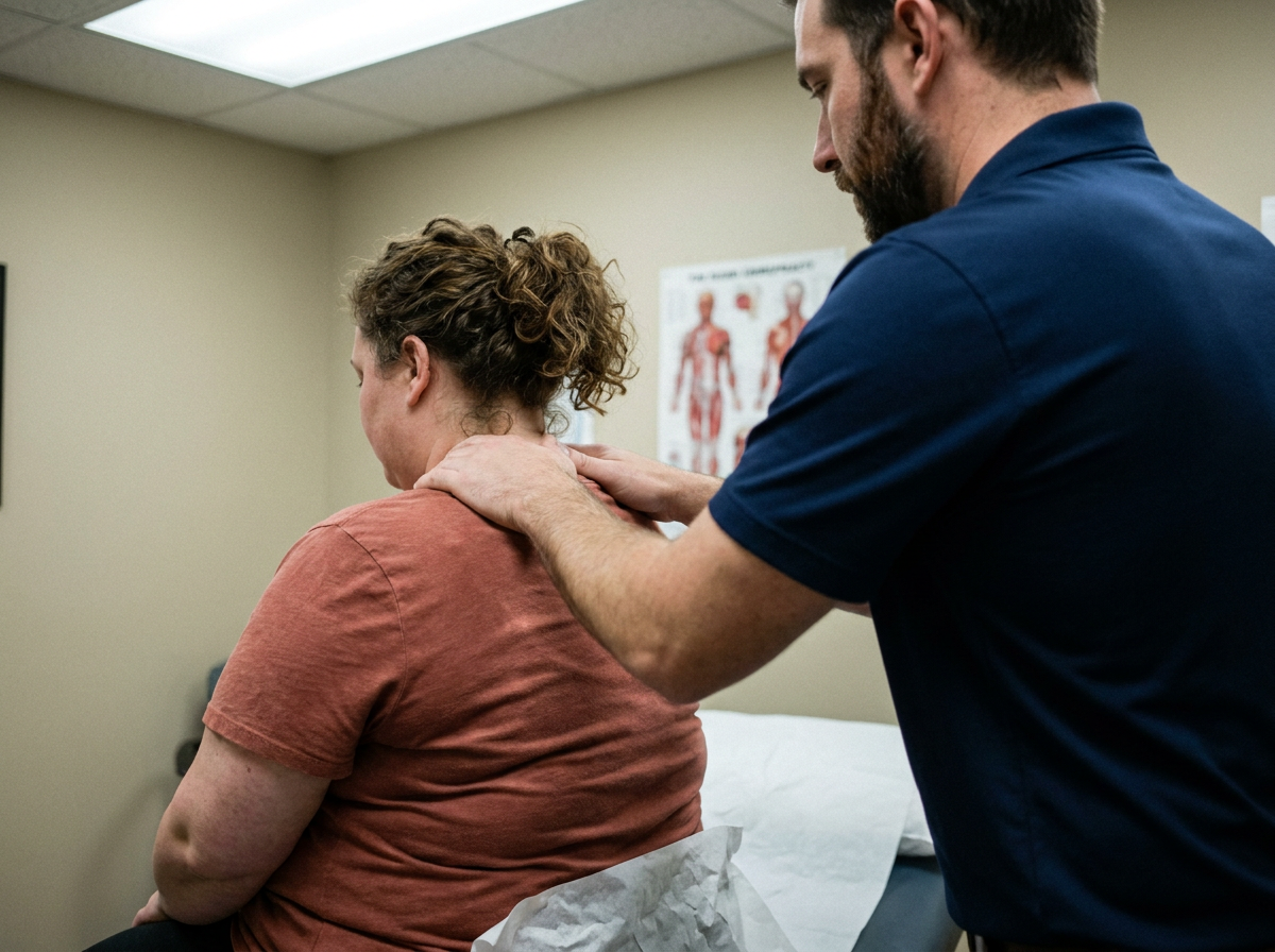 Chiropractor examining a patient's neck and upper back during a first visit at a chiropractic clinic after an auto accident