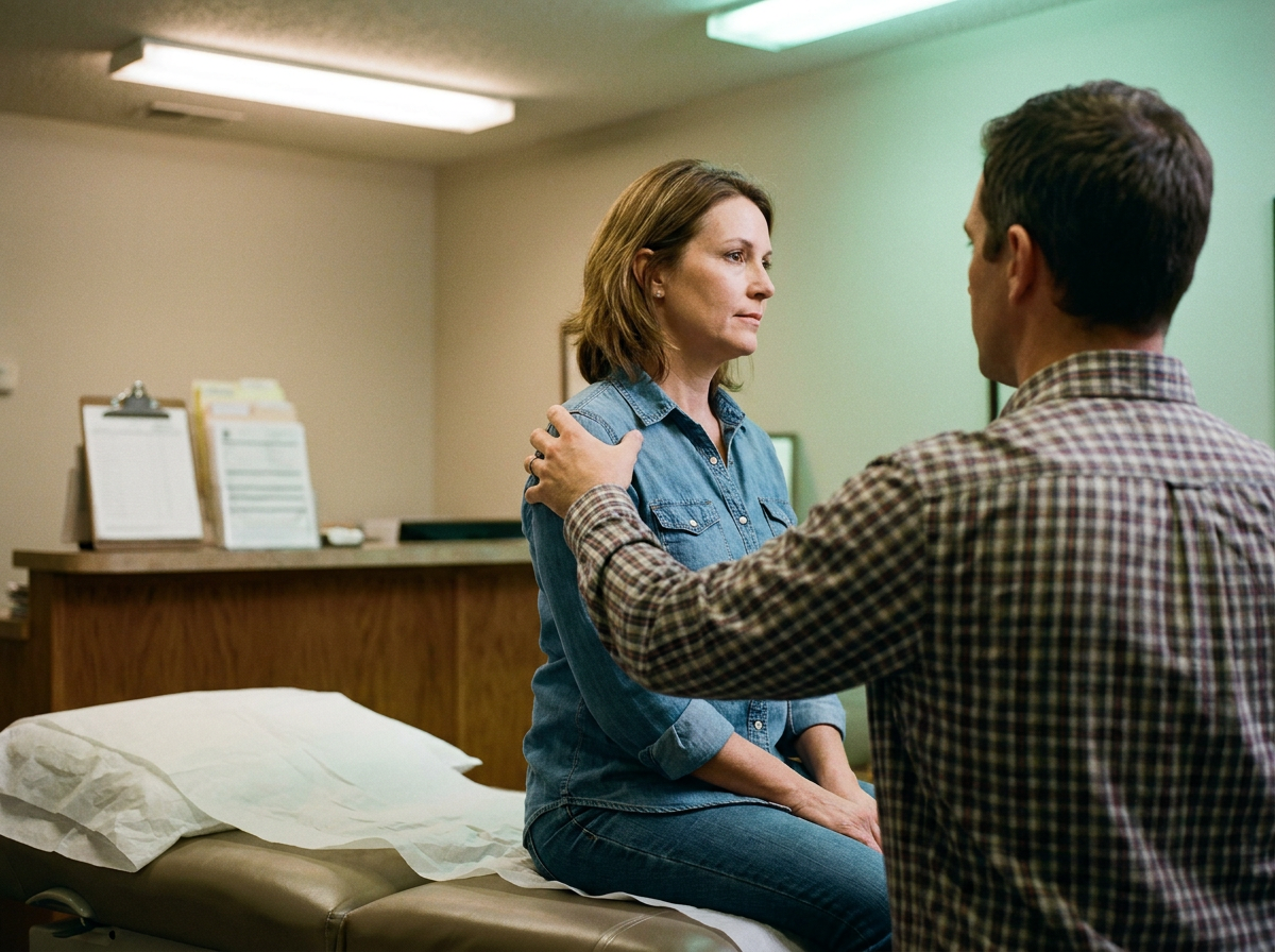 Chiropractor evaluating a patient's neck range of motion during a first visit after an auto accident in Clermont FL