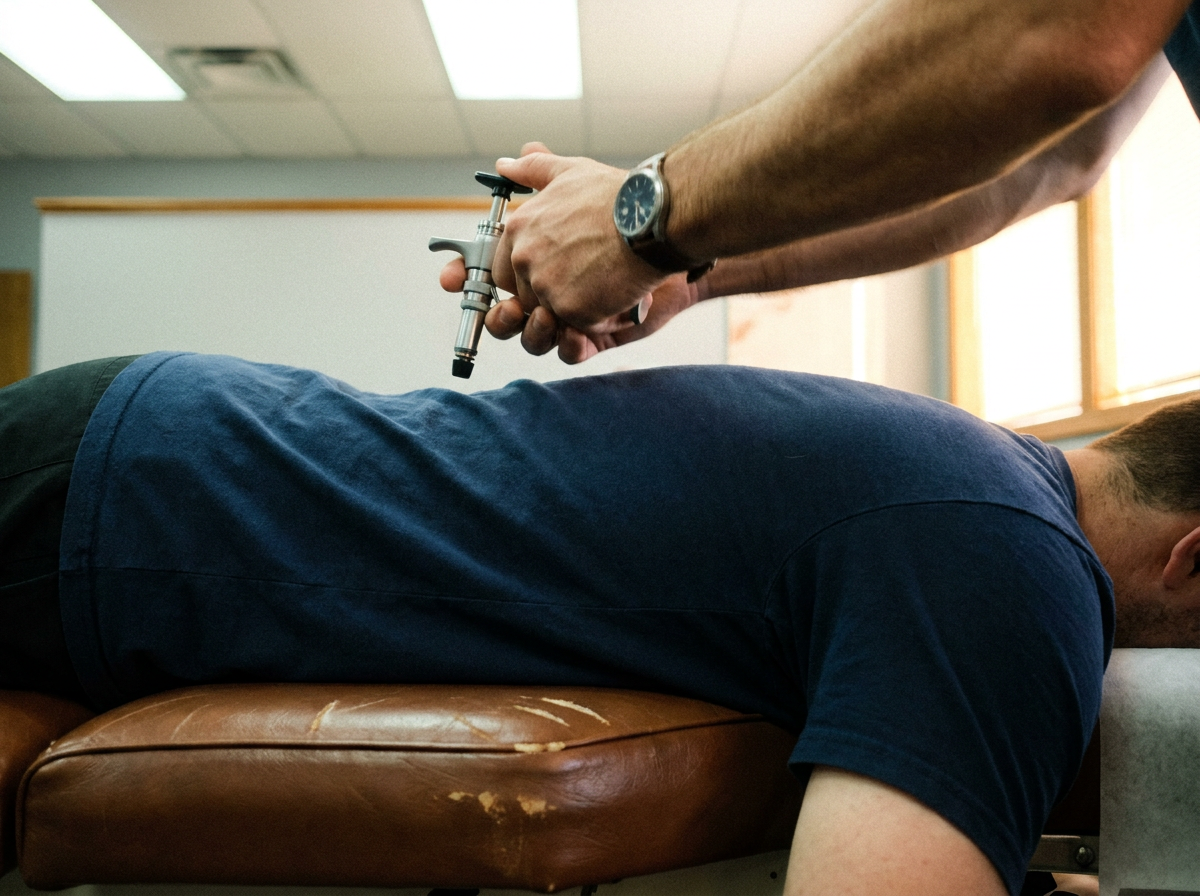 Chiropractor using an instrument-assisted Activator tool on a patient's upper back during a low-force spinal adjustment