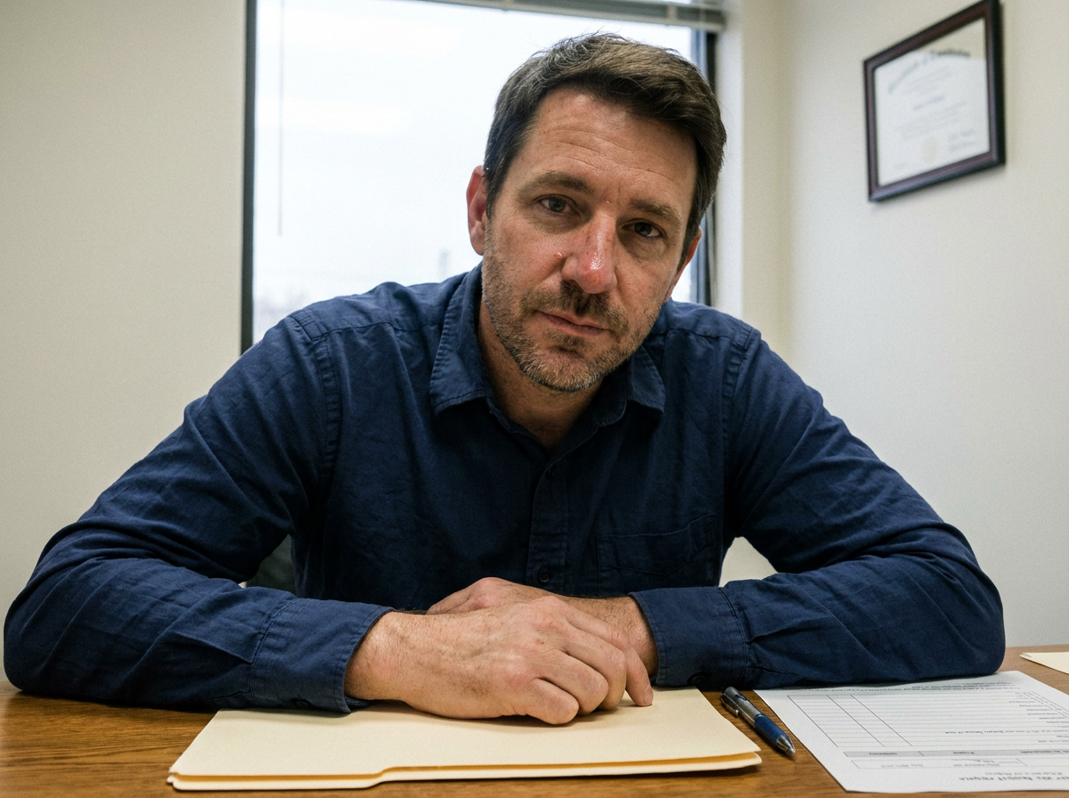 Man sitting at a clinic desk reviewing paperwork during an initial appointment consultation