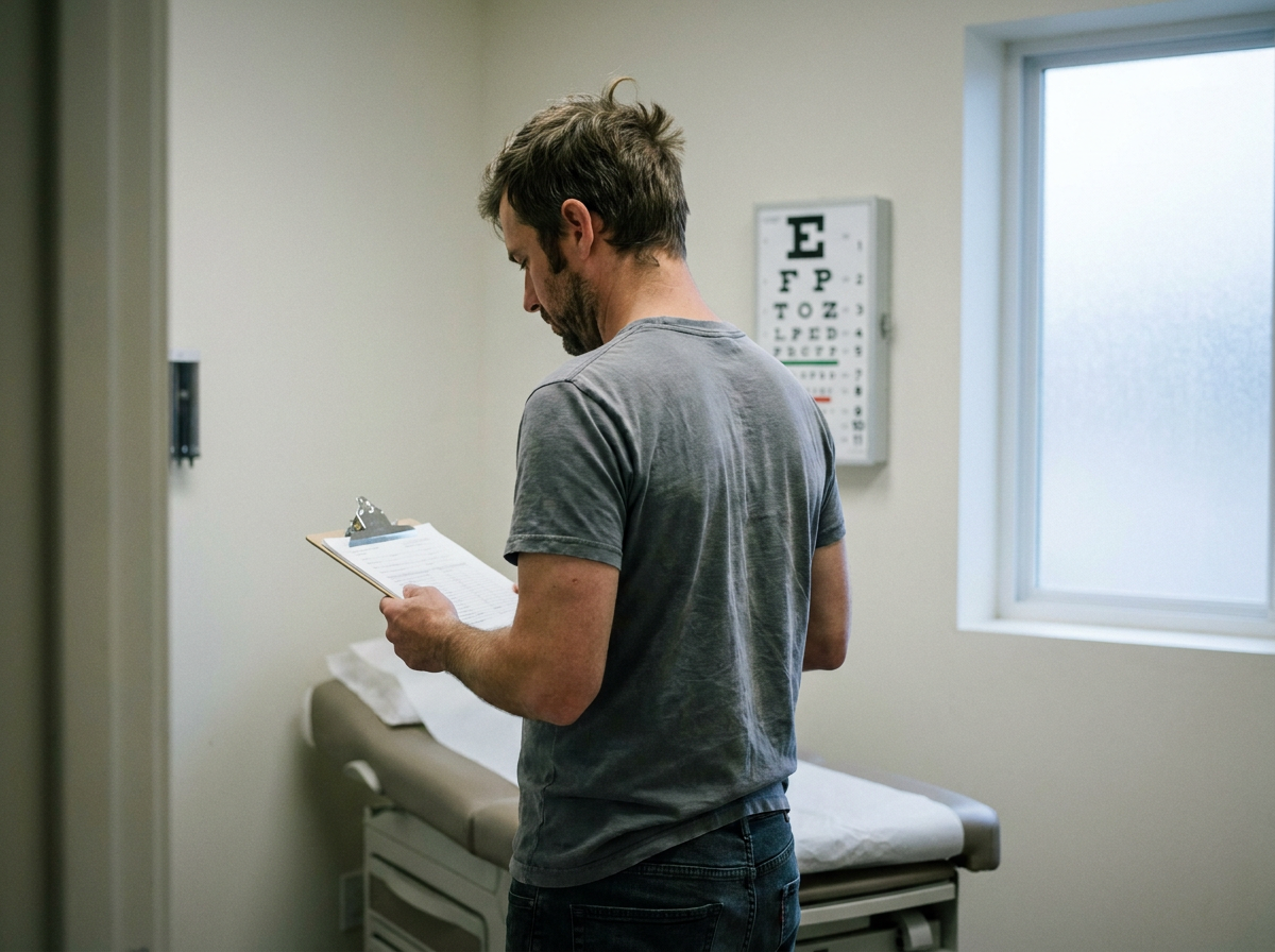 Man in his late 30s reviewing an intake form on a clipboard inside a chiropractic exam room