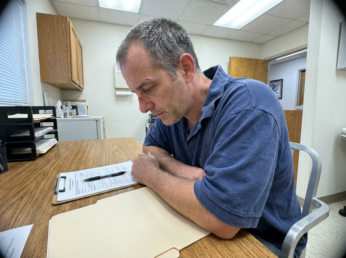 Middle-aged man reviewing paperwork at a clinic desk during an initial consultation