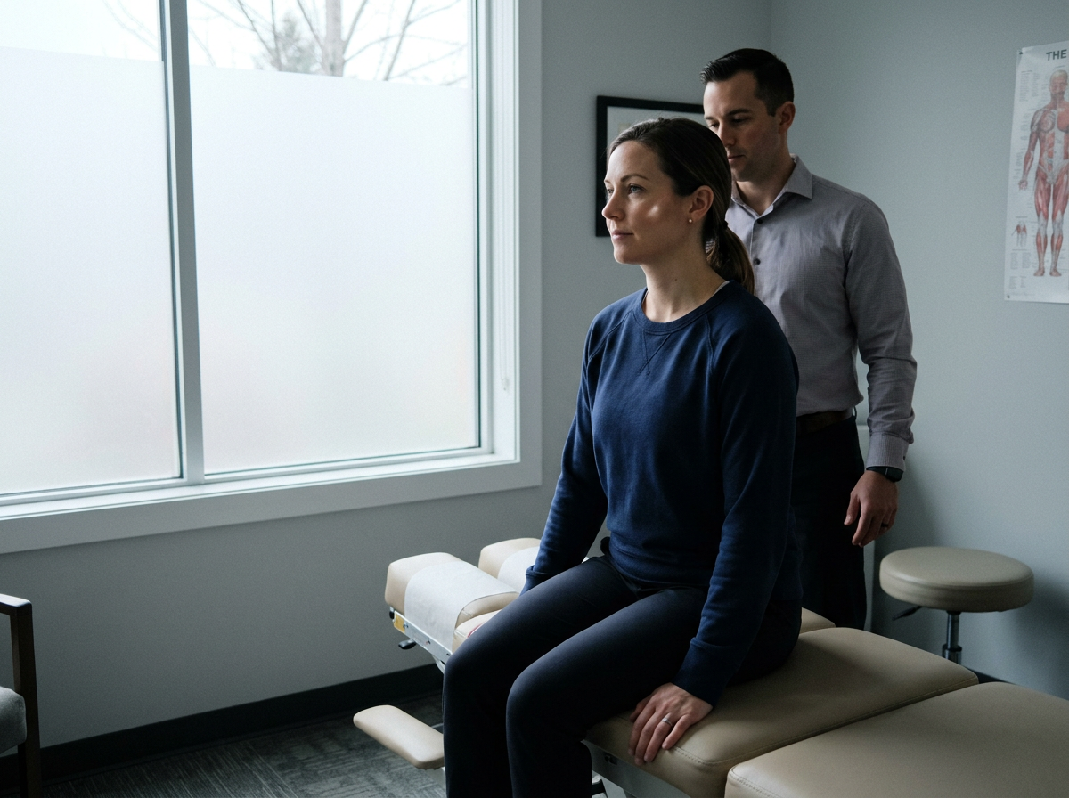 Chiropractor assessing neck range of motion in a patient with post-accident whiplash symptoms during initial exam