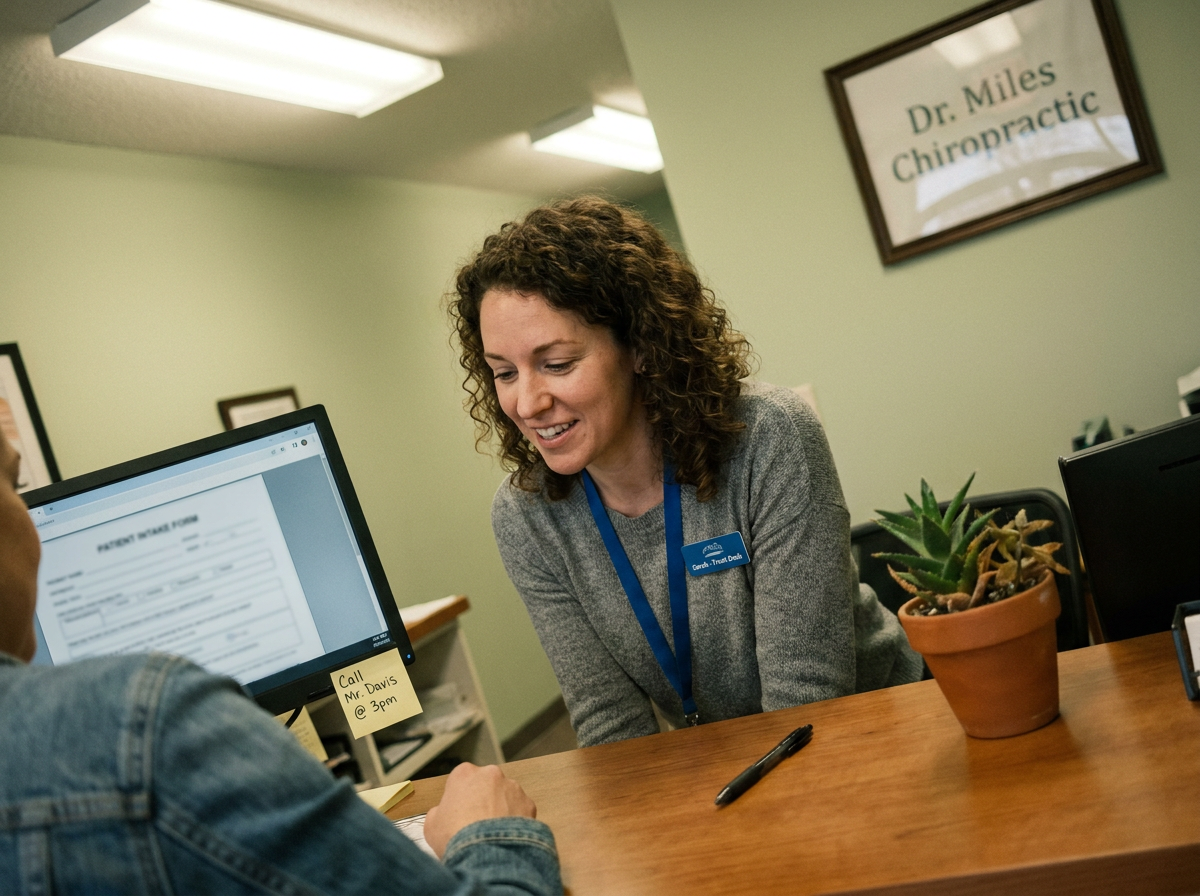 Bilingual front desk staff assisting a Spanish-speaking auto injury patient with PIP paperwork in Clermont