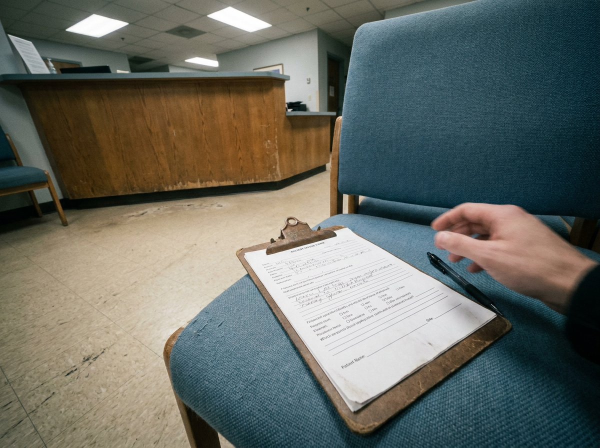 Patient intake clipboard at a chiropractic front desk during a first visit after a car accident in Florida