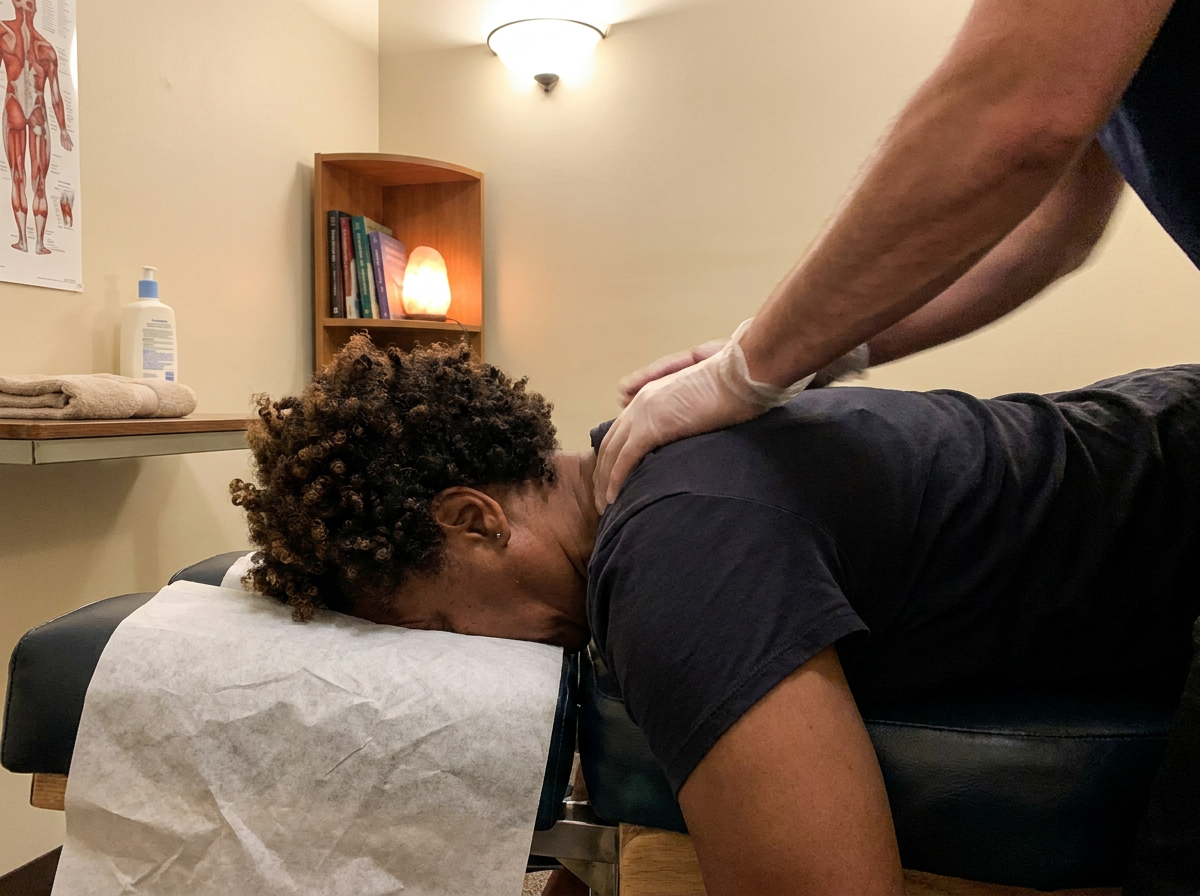 Woman receiving chiropractic soft-tissue treatment for whiplash neck pain following a rear-end car accident