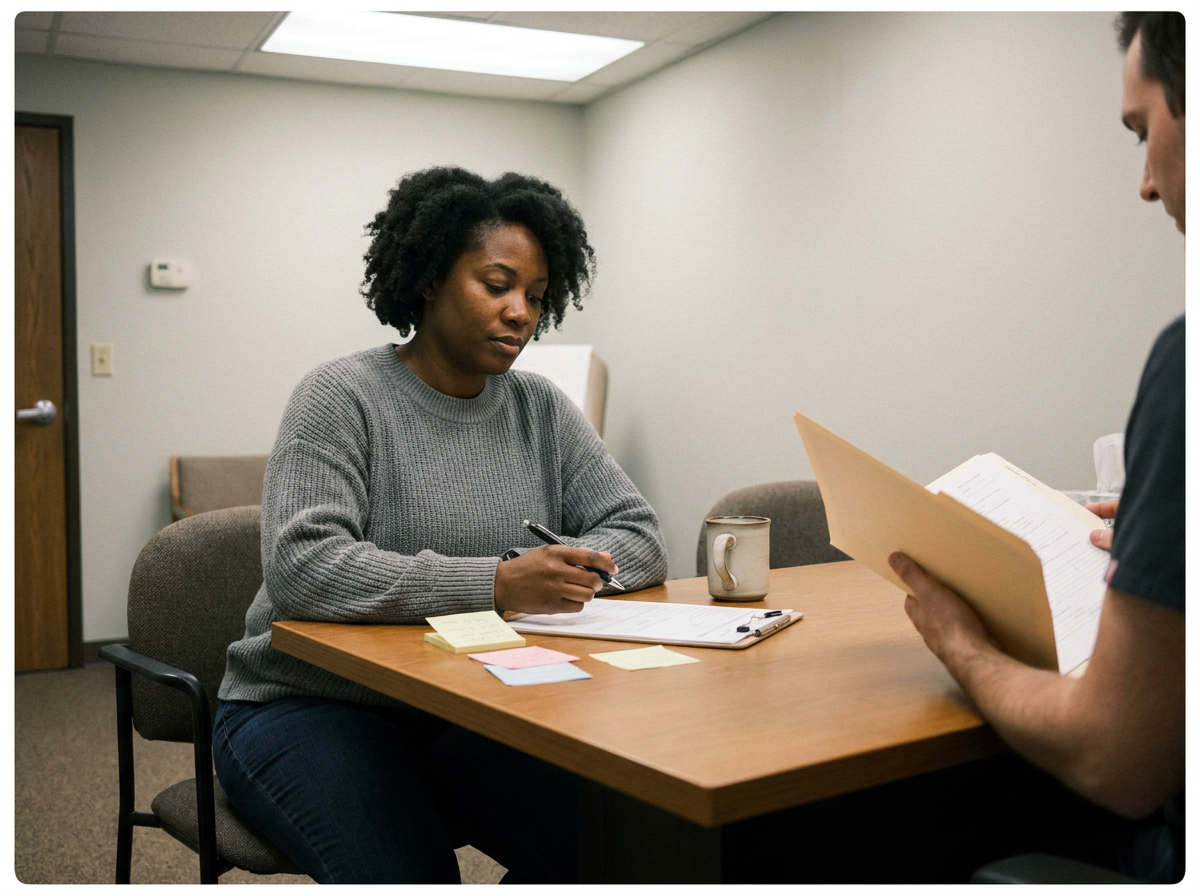Auto-injury patient completing intake paperwork at a chiropractic clinic front desk before her first exam visit