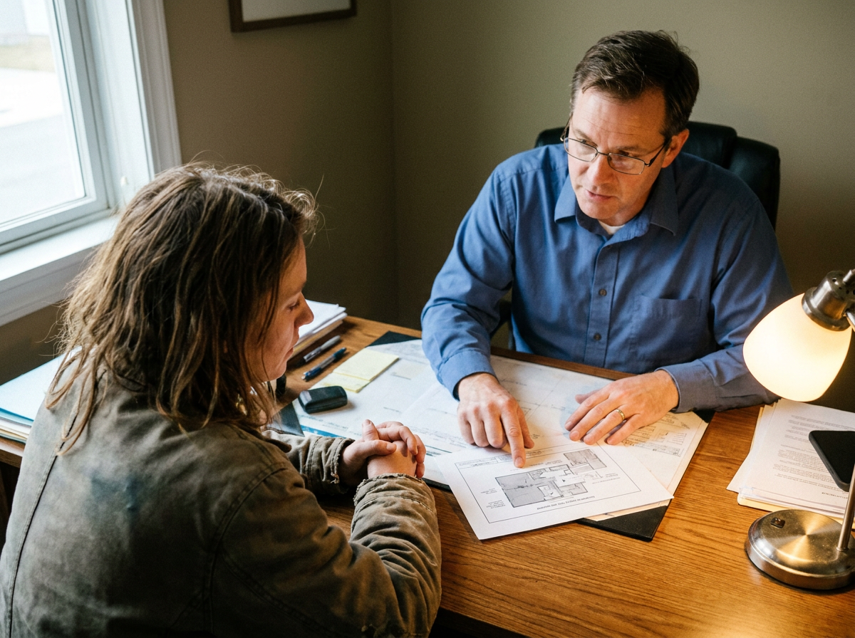 Patient and chiropractor in conversation at a desk, reviewing a diagram together during a consultation
