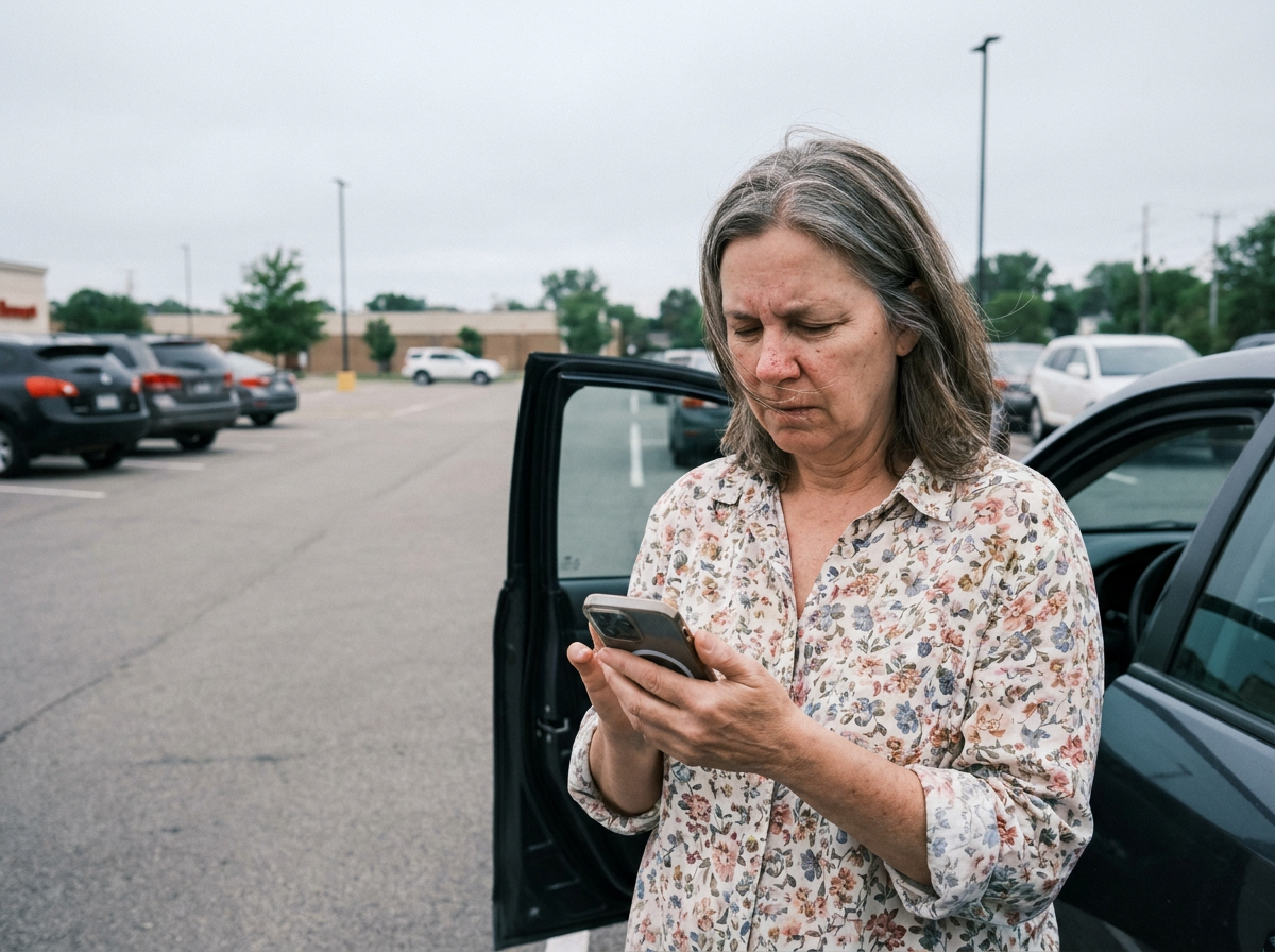 Woman in a parking lot reading her phone, looking uncertain, after a car accident