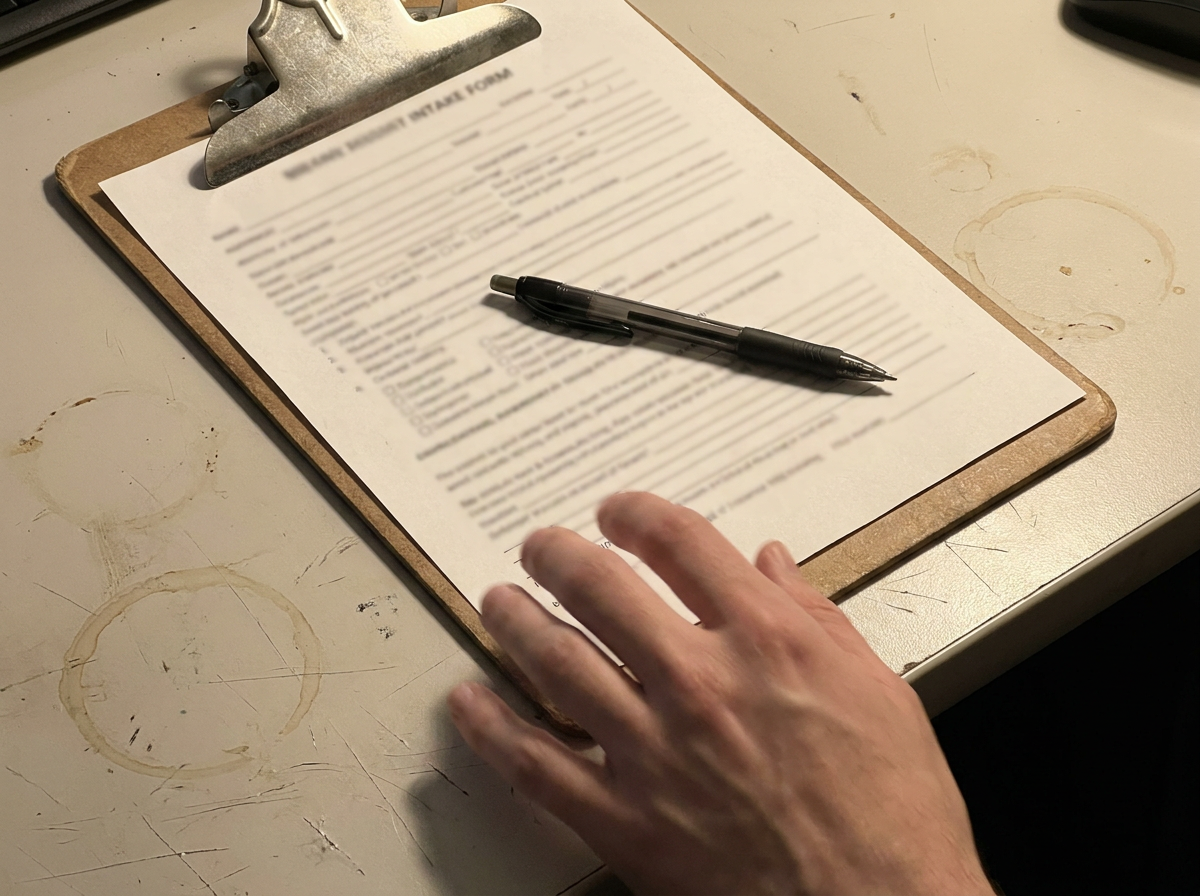 Patient reaching for a pen to fill out an intake form before a first chiropractic visit for neck or back pain