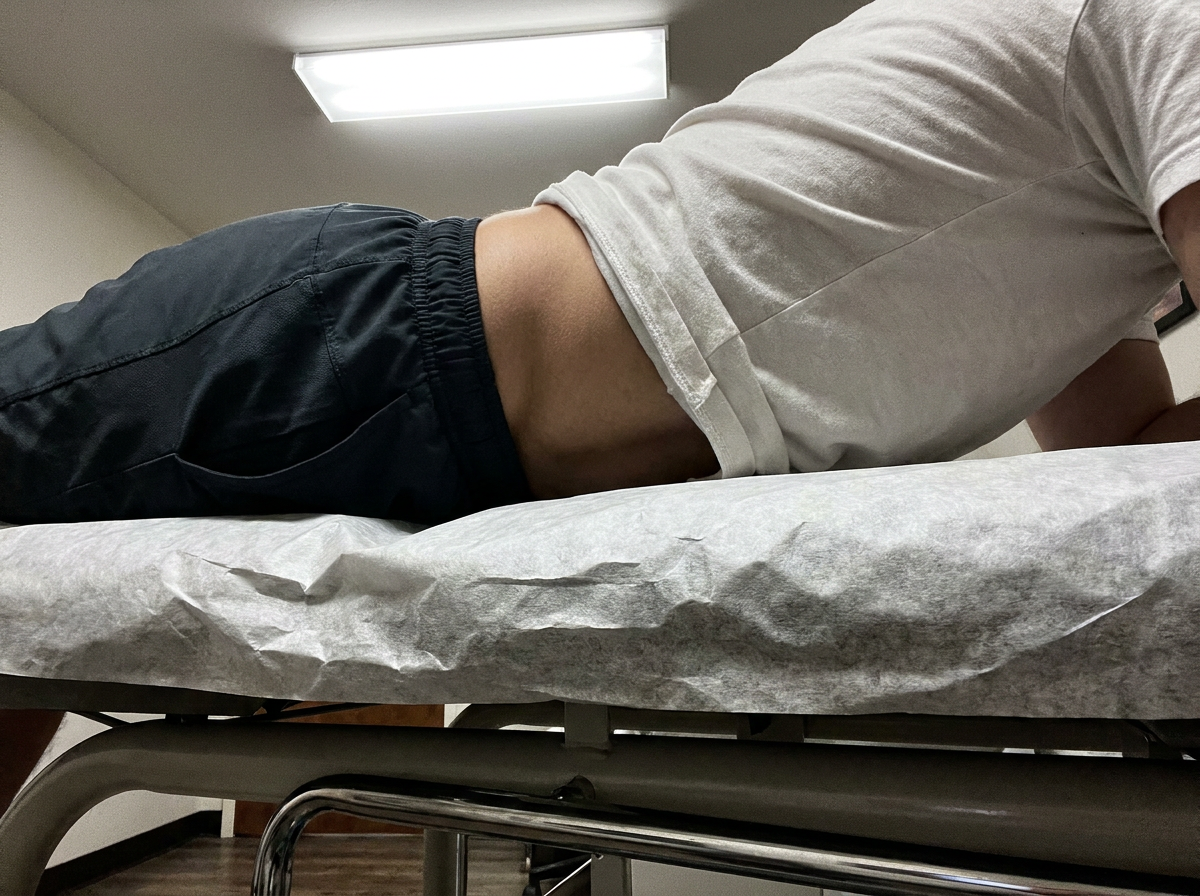 Patient with lower back pain from a rear-end car accident seated on a chiropractic exam table in Florida