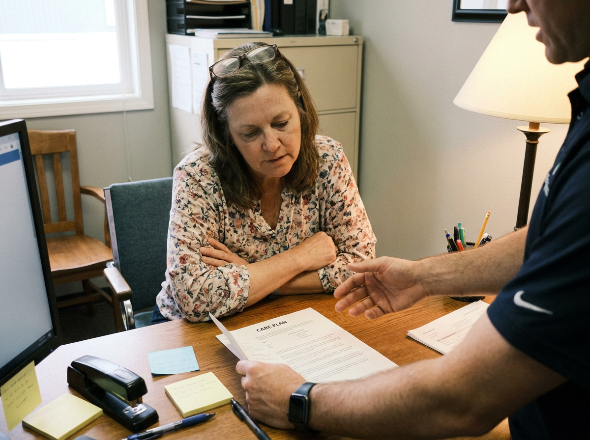 Chiropractor reviewing recovery care plan with a patient at a clinic desk after an auto accident injury consultation