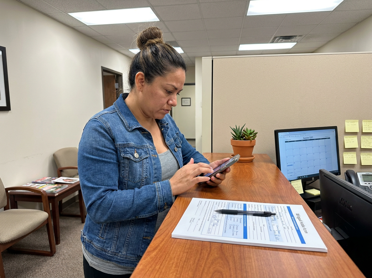 Spanish-speaking patient messaging on WhatsApp at a bilingual chiropractic clinic front desk in Clermont Florida