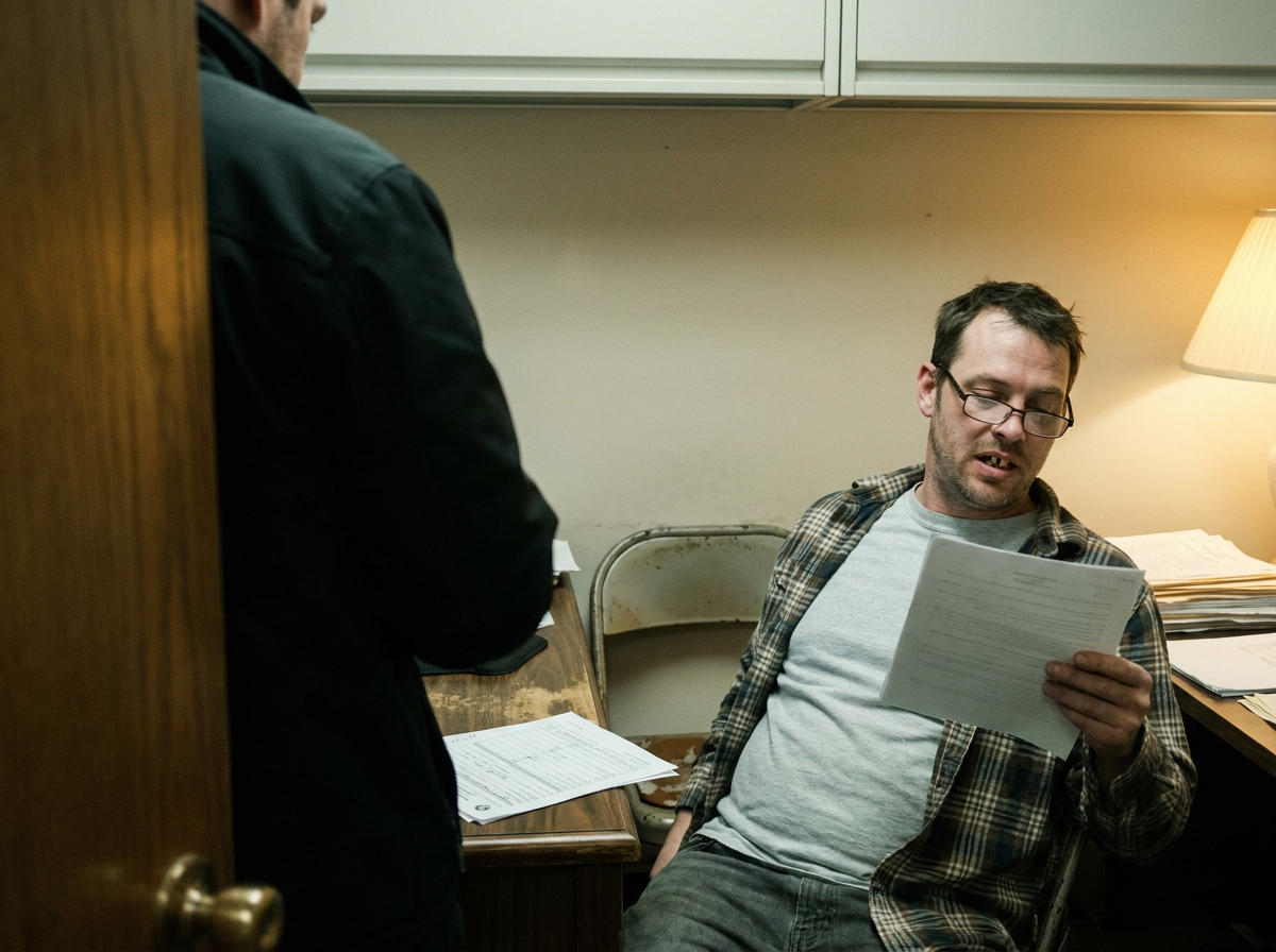 Man reviewing insurance documents with a provider in a small clinic office