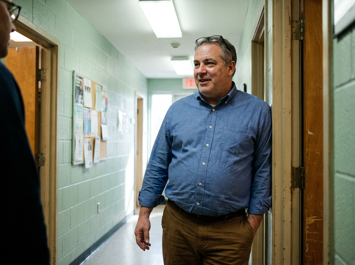 A chiropractor in his early 50s standing in a clinic hallway mid-conversation, relaxed and unposed