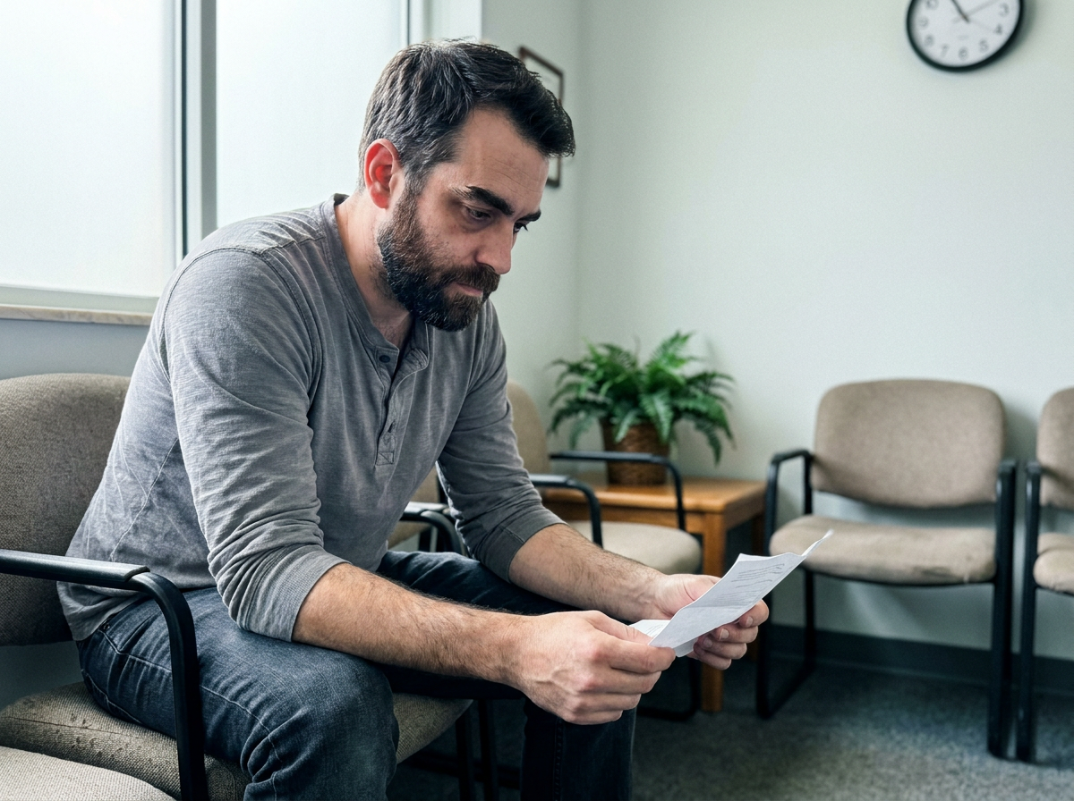 Man sitting in a clinic waiting room looking down at paperwork, caught mid-thought before his first appointment