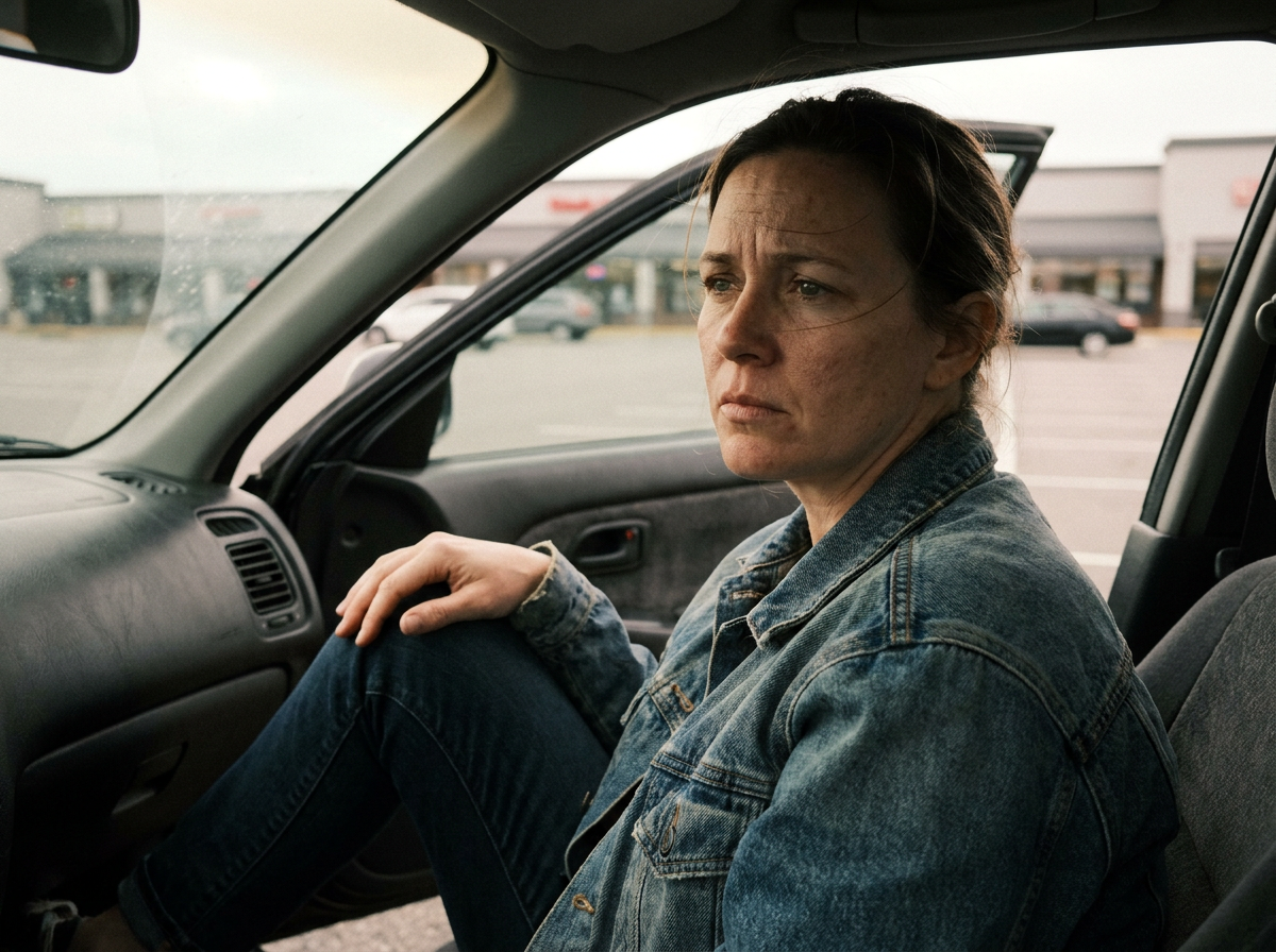 A woman in her mid-40s sitting in the open door of a parked car with a distant, uncertain expression after what appears to have been a stressful event.