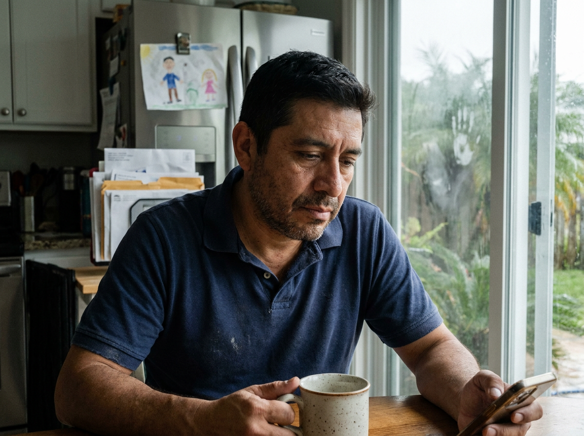 A middle-aged Latino man sits at his kitchen table in the morning, looking down at his phone with a worried expression, a coffee mug in front of him and a lived-in kitchen behind him.