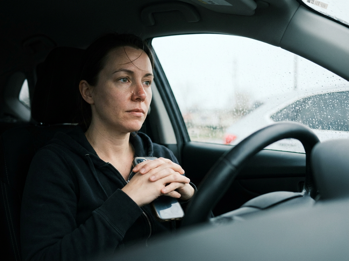 Woman sitting quietly in a parked car looking out the windshield with an uncertain expression shortly after an accident