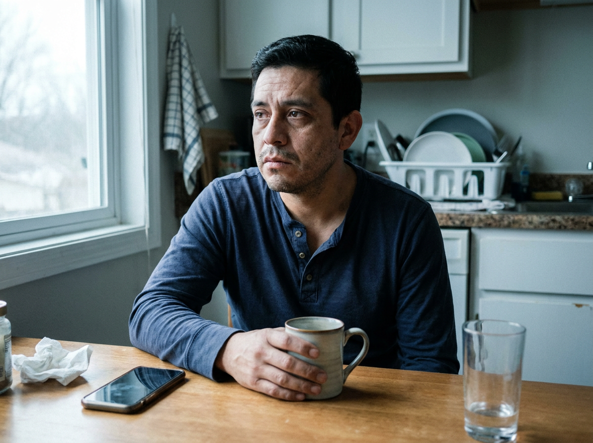 A tired-looking man in his late 30s sitting at a kitchen table with a mug, staring off to the side in a quiet, unfocused moment.
