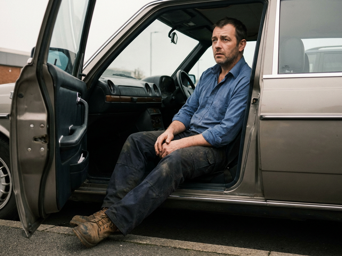 A middle-aged man sitting in the open door of a parked car, looking dazed and still after an accident, shot on film in flat daylight