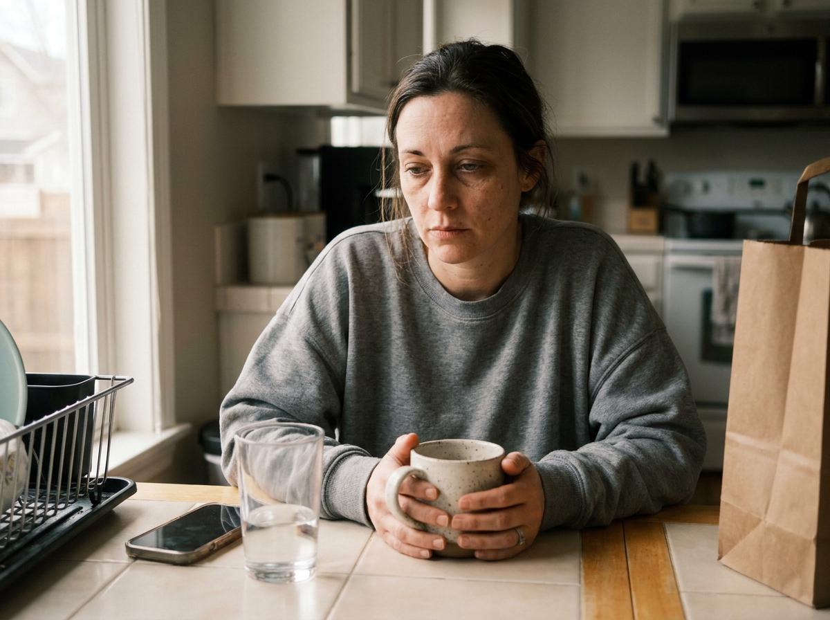 A tired woman in her mid-forties sits at a kitchen table holding a mug, looking distracted, morning light from a nearby window