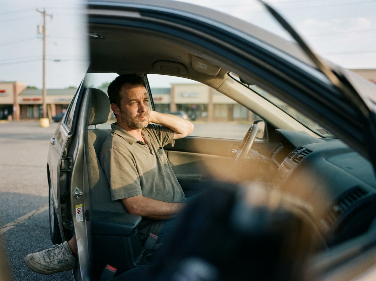 A middle-aged man sitting in the open door of a parked car, hand on the back of his neck, looking into the distance with a tired expression.