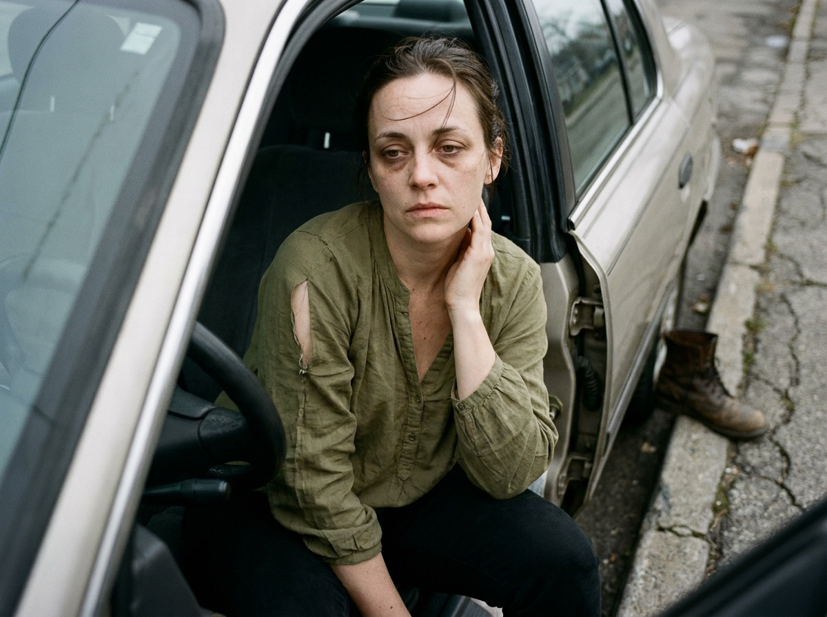 Woman sitting in the driver's seat of a parked car with her hand at her neck, looking distracted, in overcast afternoon light
