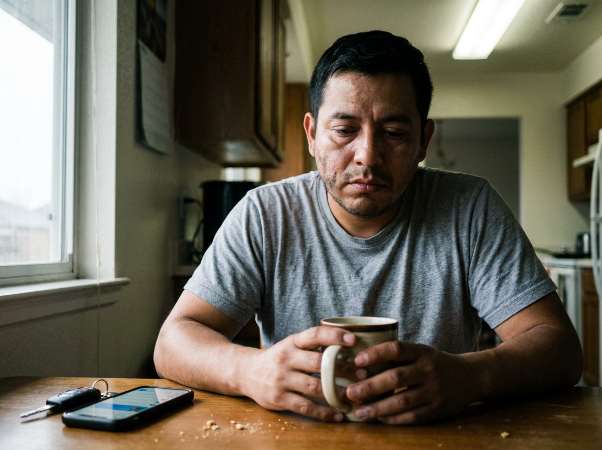 A tired man sitting at his kitchen table in the morning, holding a coffee mug and staring into the distance after a difficult few days.