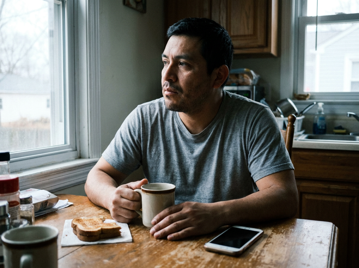 A tired Latino man in his late 30s sits at his kitchen table in the morning, cradling a coffee mug, staring out the window with a fatigued expression.