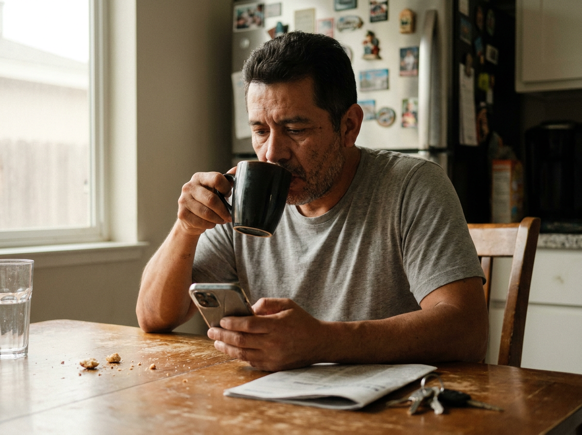 A man in his early forties sits at a kitchen table looking at his phone with a mug in hand, paperwork nearby, in natural window light.