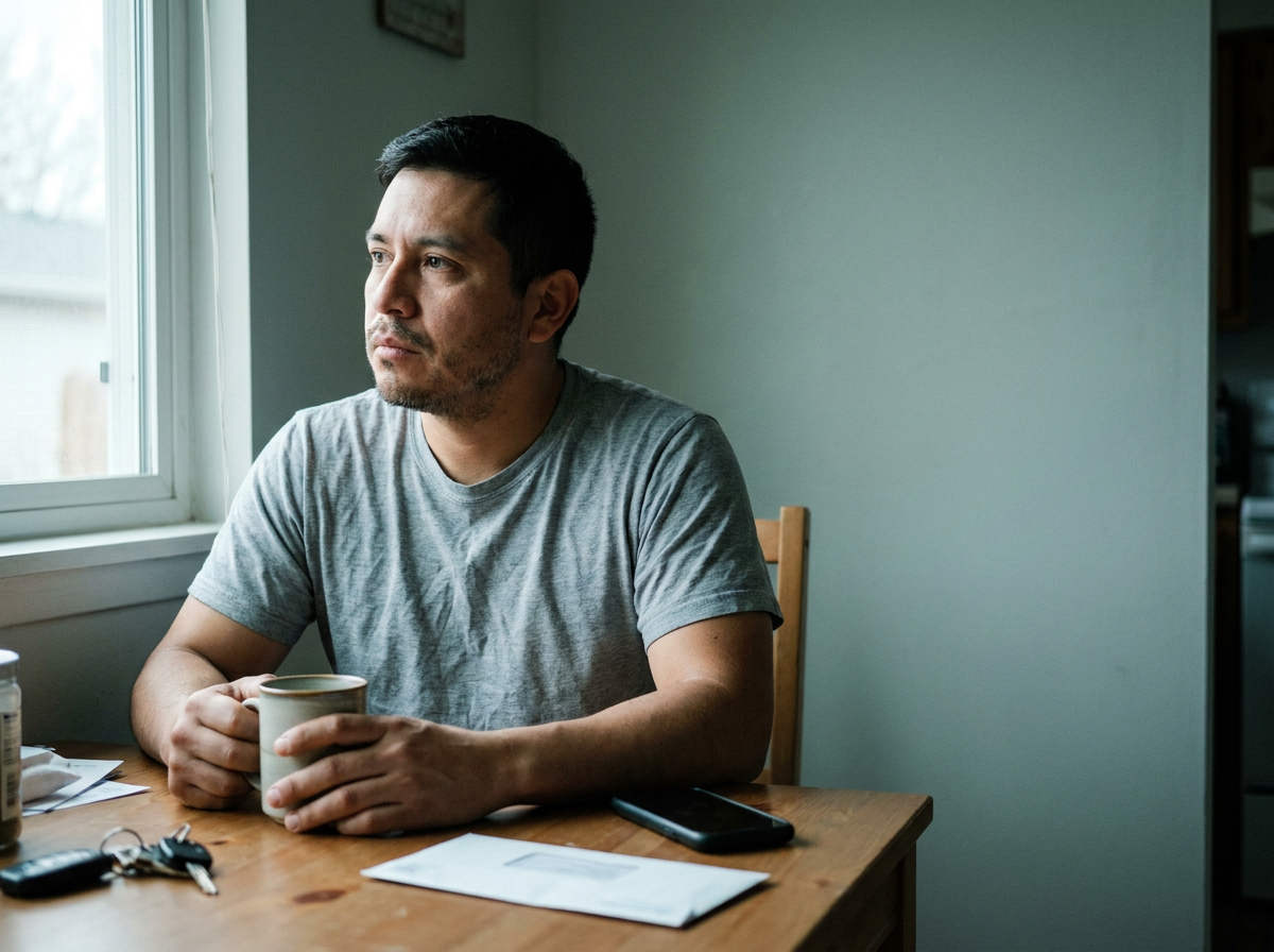 A tired man in his late 30s sitting at a kitchen table in the morning, holding a coffee mug and staring out the window with a distracted expression.