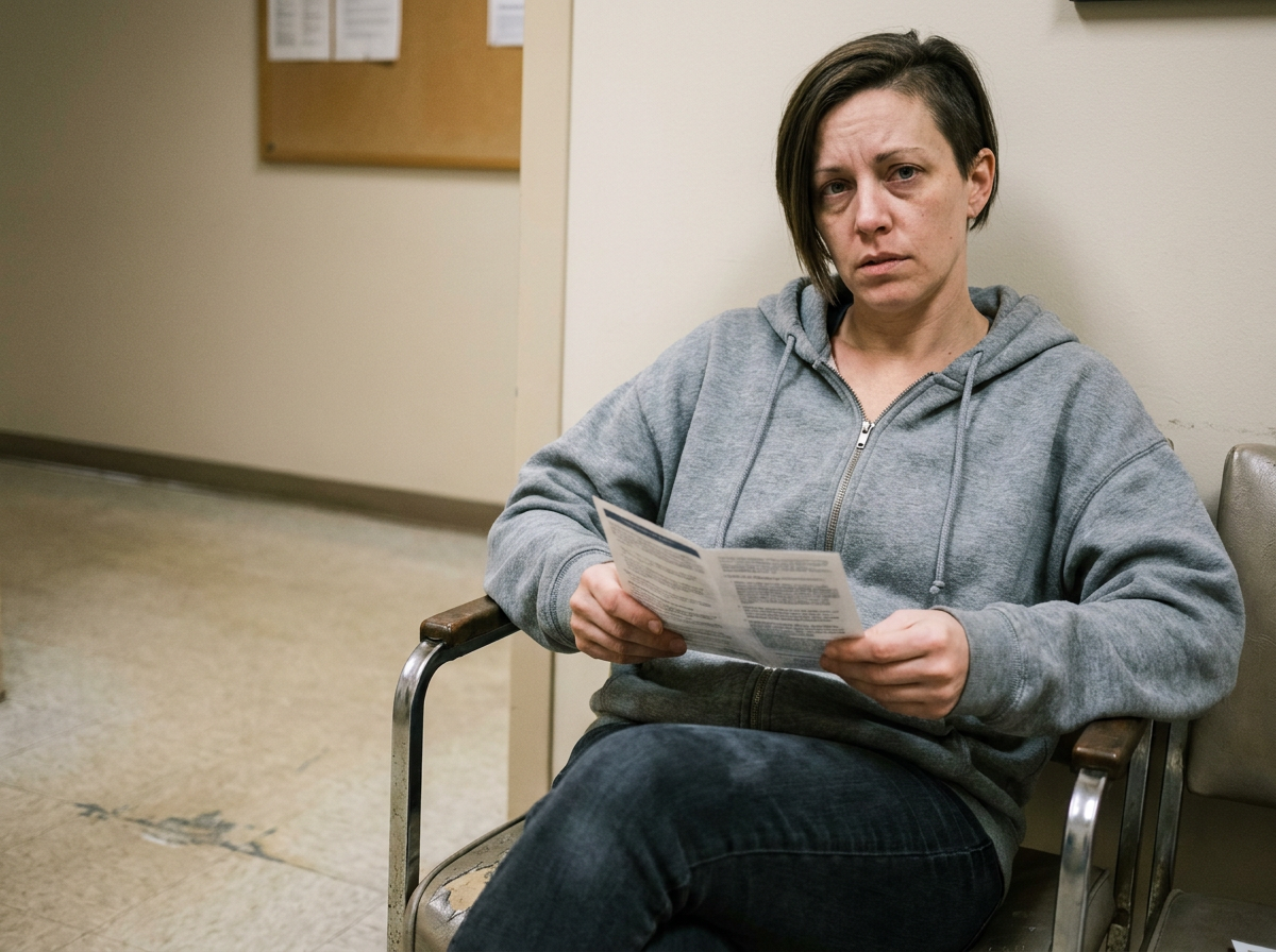 Woman in a waiting room reading a health pamphlet before her first chiropractic visit