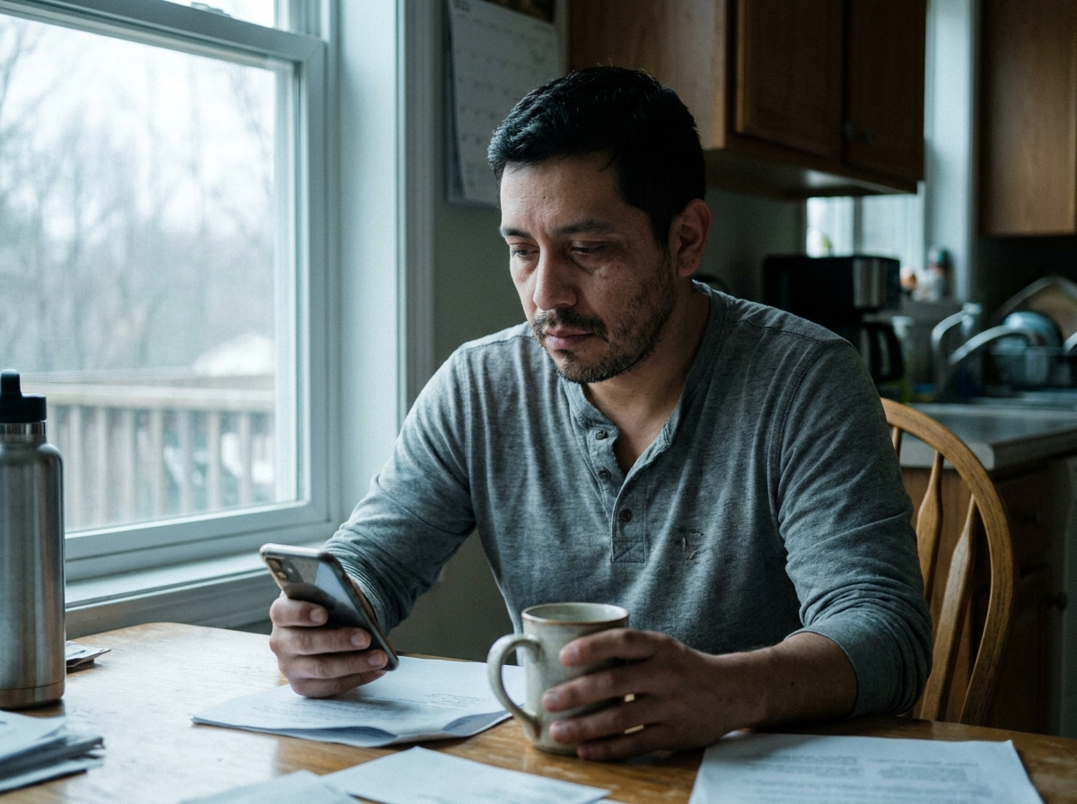 Man in his late 30s sitting at a kitchen table in the morning, looking down at his phone with a tired but calm expression