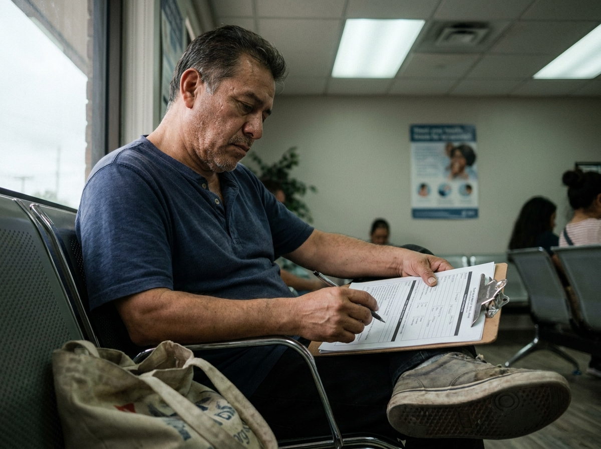 A Latino man in his early 40s filling out intake paperwork on a clipboard while seated in a clinic waiting area, leaning forward with tired eyes.
