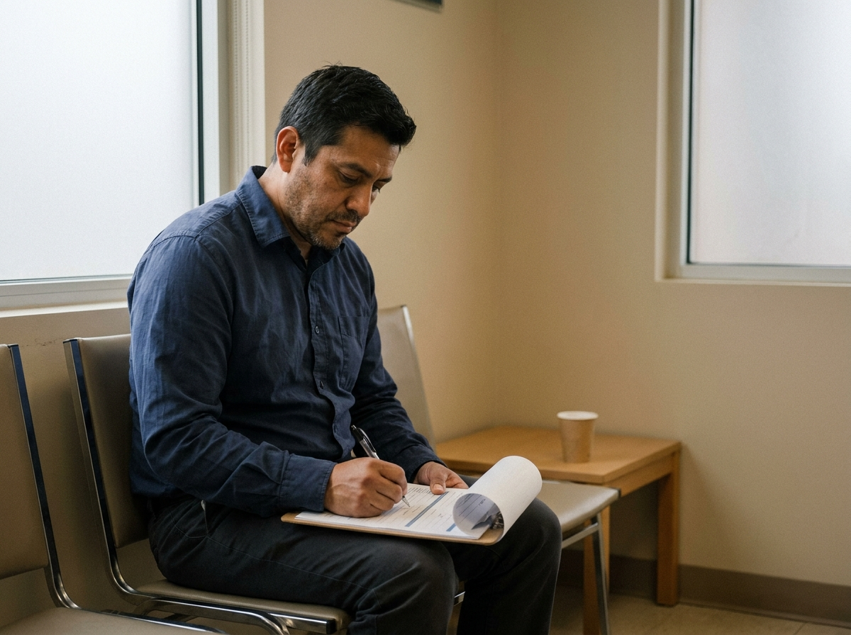 A Latino man in his late 30s fills out intake paperwork in a chiropractic waiting room, looking down at a clipboard under soft window light.