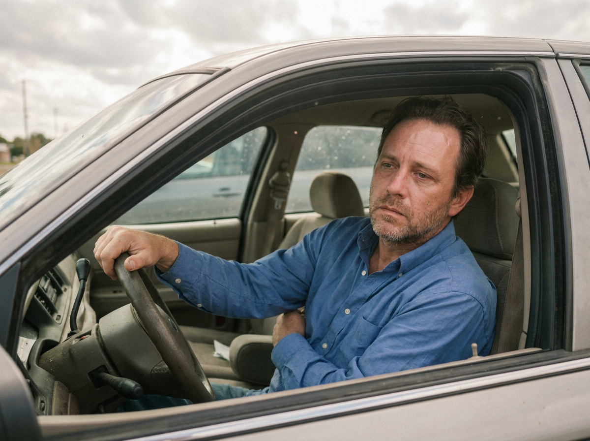 A middle-aged man sitting alone in a parked car, staring out the windshield with a tired, uncertain expression after a car accident.