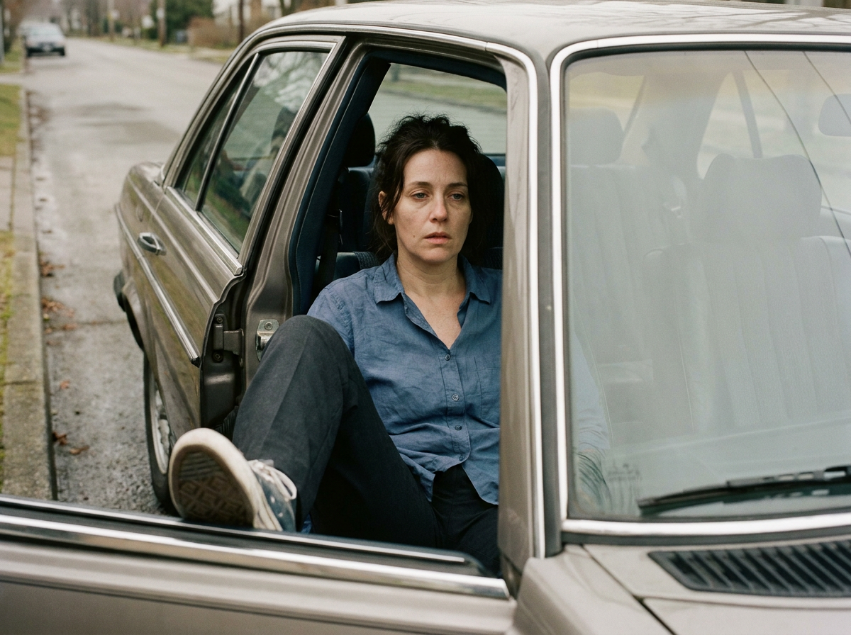 A tired woman in her mid-forties sitting in the driver's seat of a parked car with the door open, looking forward with a dazed expression in flat overcast daylight.