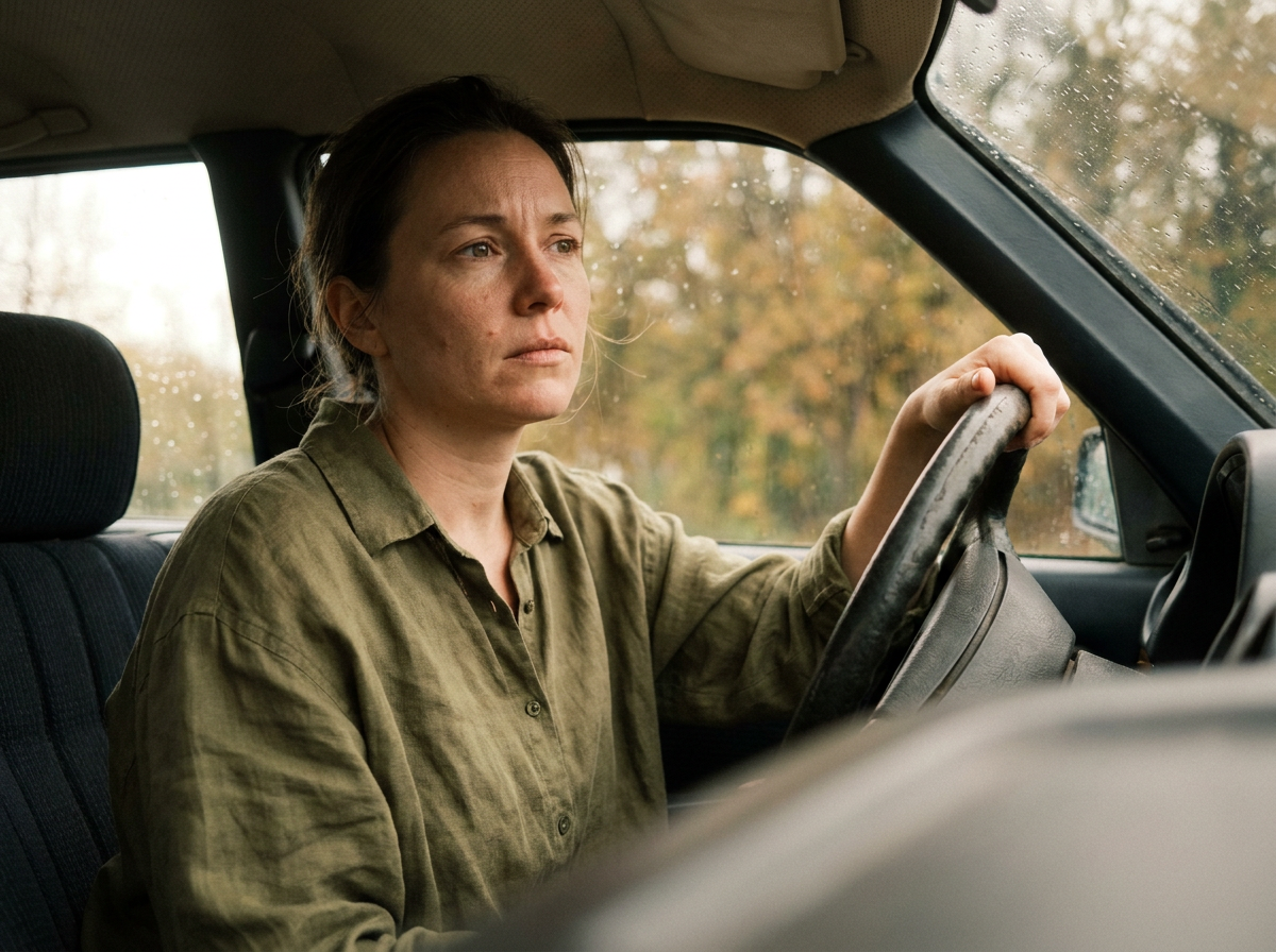 Woman sitting in a parked car looking out the windshield with a tired, uncertain expression after an accident