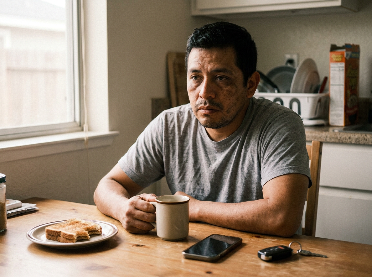 Tired man sitting at a kitchen table in the morning holding a coffee mug, looking distracted, natural window light