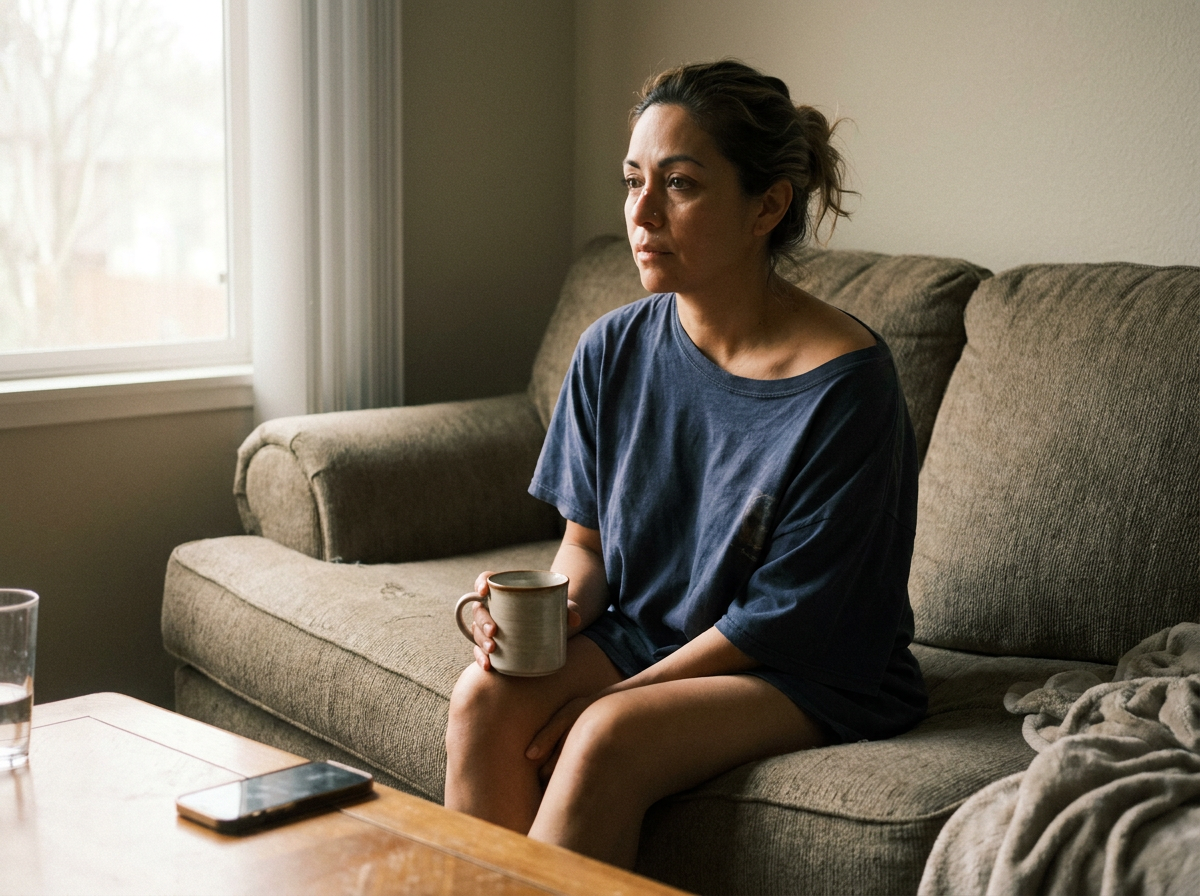 Woman in her early 40s sitting on a couch with a mug, looking toward a window in soft afternoon light